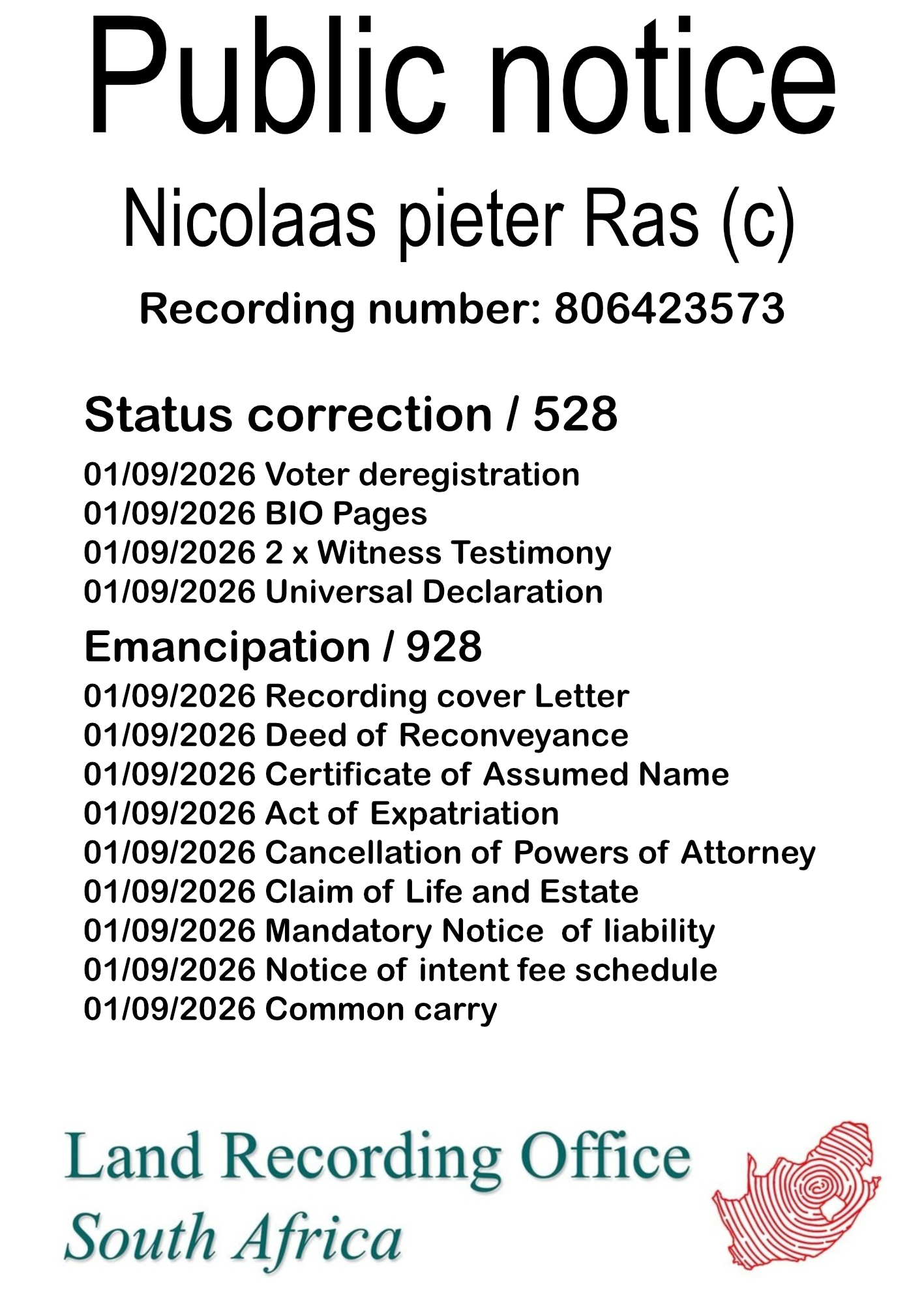 Public notice Nicolaas pieter Ras Recording number 806423573